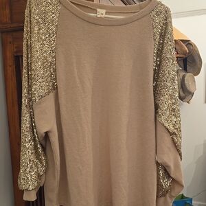 Sequin Sleeve Beige Top
